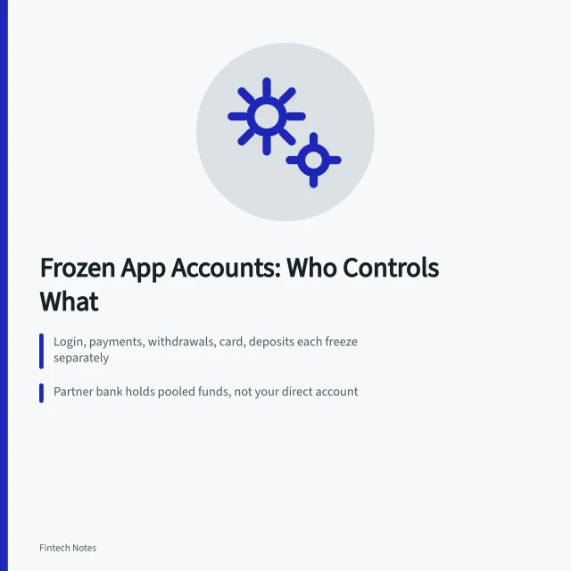 Card explaining frozen app accounts, partner banks, and sweep failures. Account freezes, partner-bank confusion, sweep failures, and inaccessible funds
