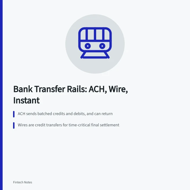Card comparing ACH, wire, instant, and internal bank transfer rails. Bank transfer guide: ACH, wire, instant payment, and internal transfer rails