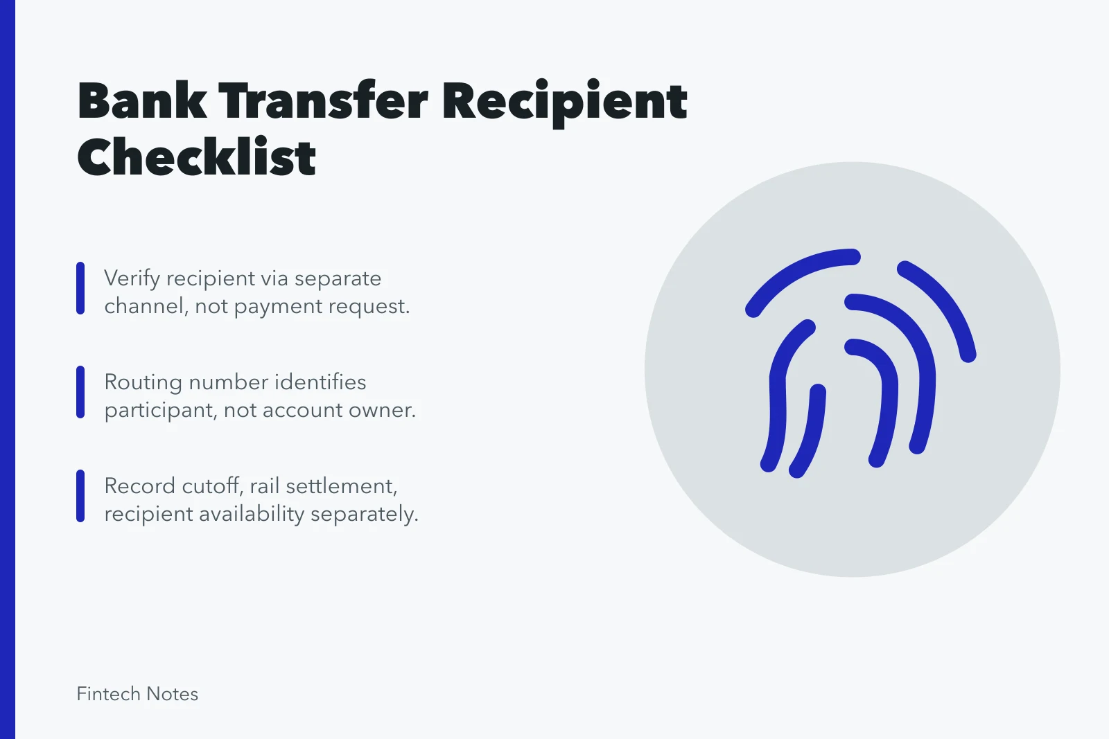 Checklist for verifying bank transfer recipient details and routing information. Bank transfer details, timing, fee, and recipient checklist