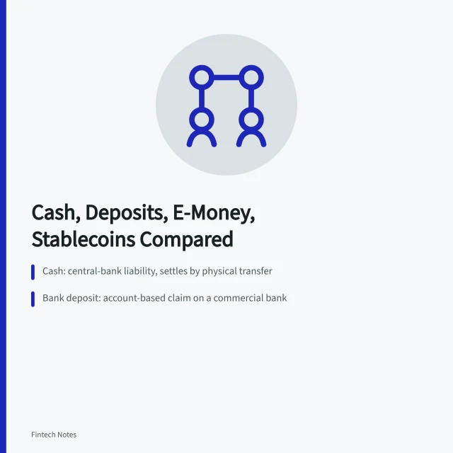Comparison of cash, bank deposits, electronic money, and stablecoins. Cash, bank deposits, electronic money, and stablecoins compared