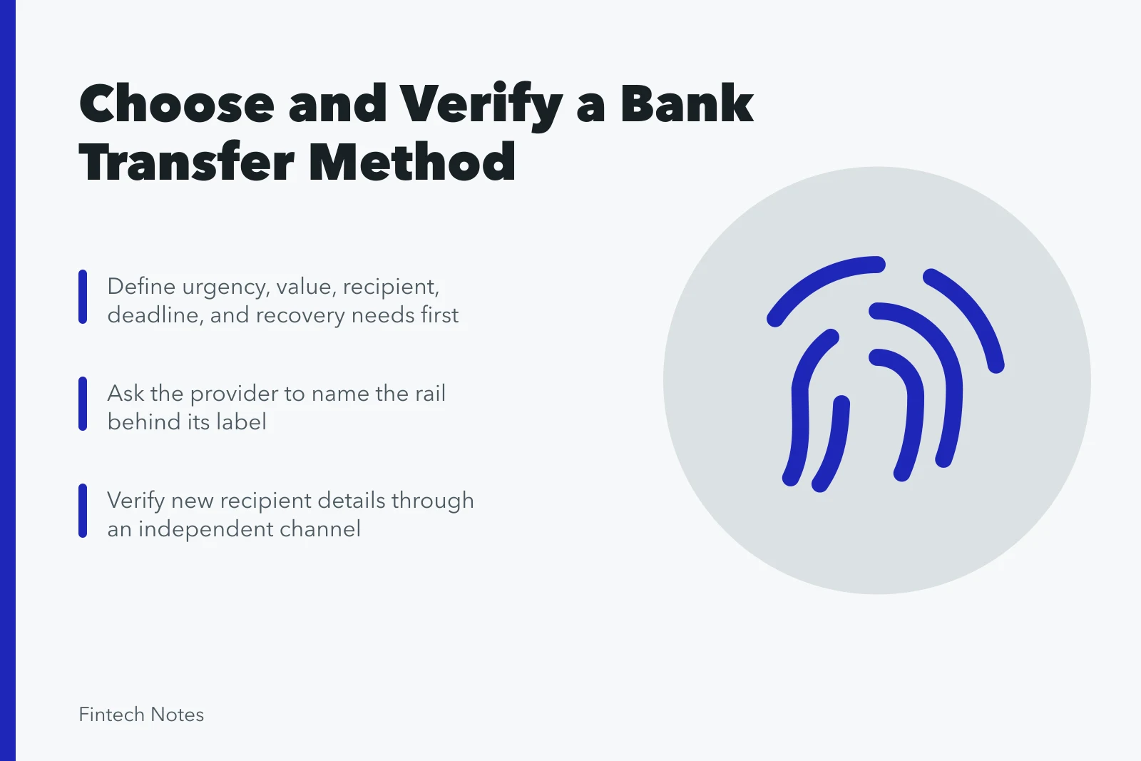 Checklist for selecting and verifying a bank transfer method. How to choose and verify a bank transfer method