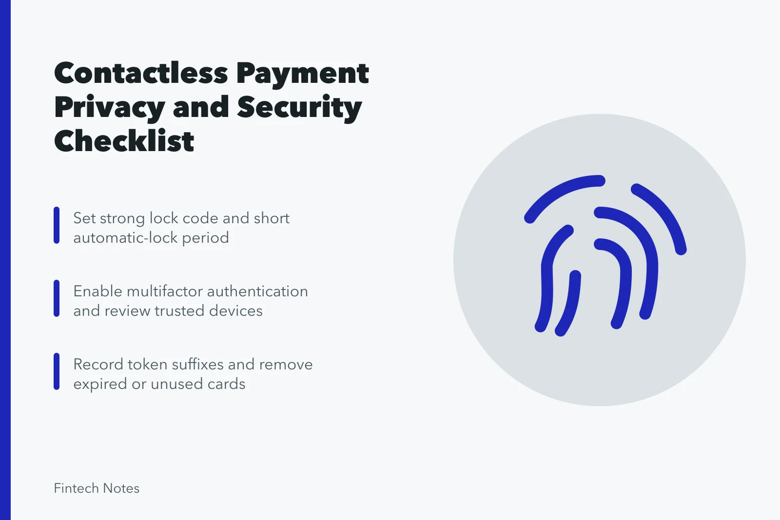 Checklist for contactless payment privacy, tokens, and device security. Contactless payment privacy and security checklist