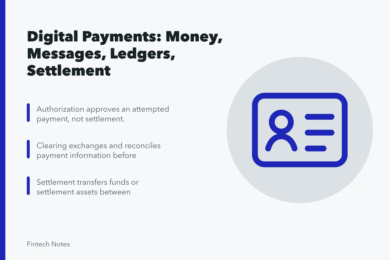 Digital payments guide showing money, messages, ledgers, clearing, and settlement. Digital payments guide: money, messages, ledgers, clearing, and settlement