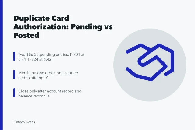 Two pending $86.35 card entries and one merchant capture. Resolving a duplicate card authorization and posted charge case