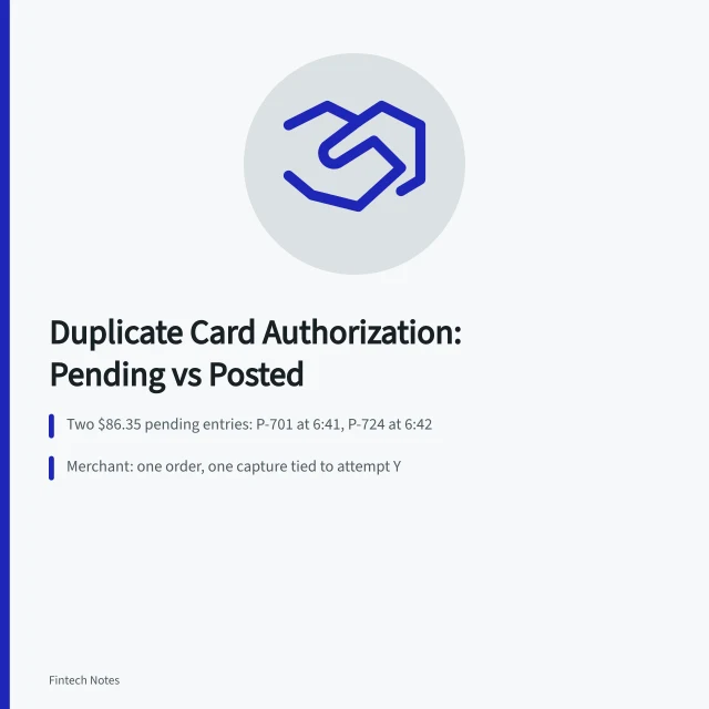 Two pending $86.35 card entries and one merchant capture. Resolving a duplicate card authorization and posted charge case