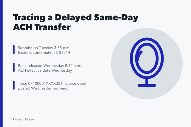 Timeline card tracing a delayed same-day ACH business transfer. Investigating a delayed small-business bank transfer case