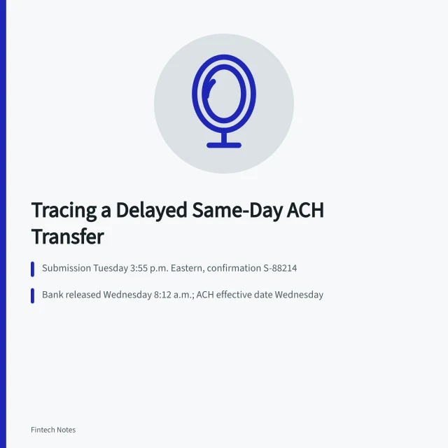Timeline card tracing a delayed same-day ACH business transfer. Investigating a delayed small-business bank transfer case