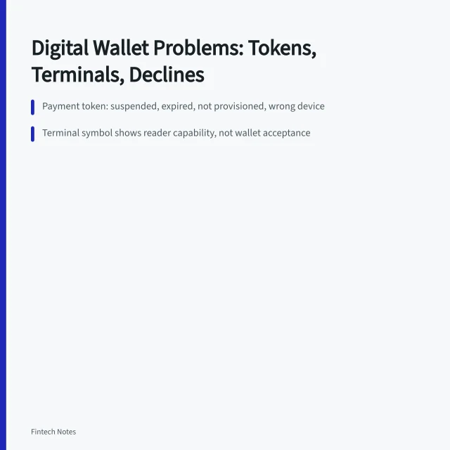 Card explaining digital wallet token errors, terminal failures, and declined payments. Digital wallet problems: lost devices, token confusion and unsupported terminals