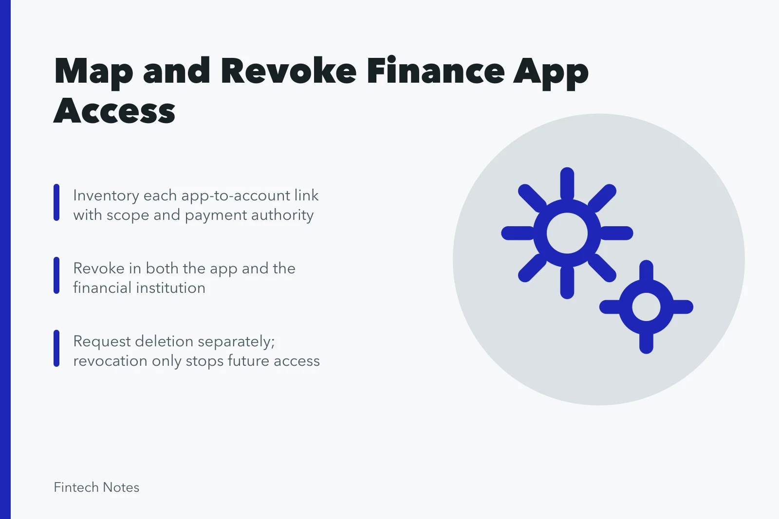 Checklist for revoking finance app data access and connected accounts. How to map and revoke a finance app's data access