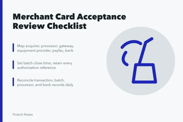 Checklist for merchant card acceptance, contracts, authorization, and daily reconciliation. Merchant card acceptance and statement review checklist