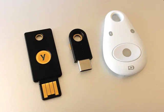 Three hardware security keys for secure second-factor or multi-factor authentication: a Yubico Yubikey 4 in both USB A and USB C form, as well as a Feitian MultiPASS FIDO security token, which uses NFC and Bluetooth. These dongles support hardware-based authentication including IDO U2F, PGP/GPG keys. Authentication methods compared: password, passkey, one-time code and hardware key