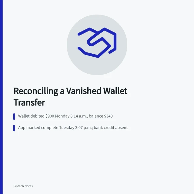 Wallet transfer reconciliation showing $900 debit and missing bank credit. Reconciling a wallet-to-bank transfer that appears to vanish case
