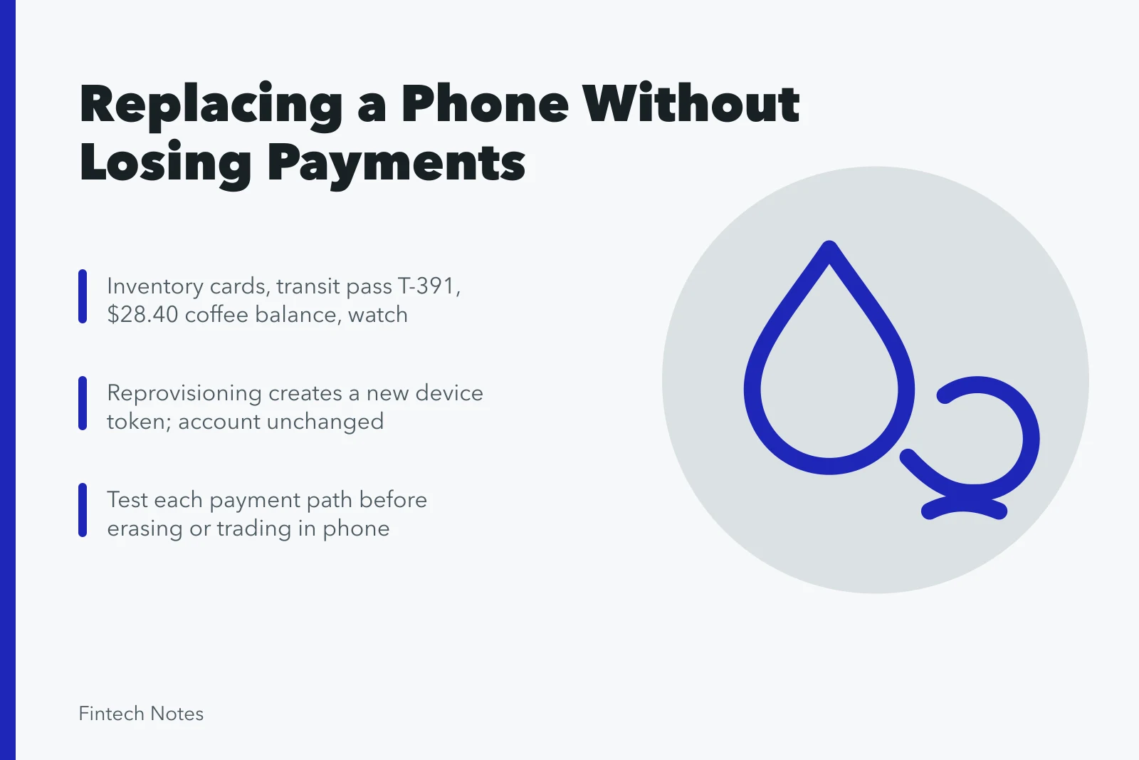 Checklist for migrating wallet cards, passes and tokens to a new phone. Replacing a phone without losing payment access case