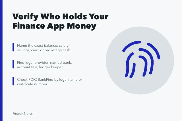 Card on verifying finance app money holders and protection. How to verify who holds and protects money in a finance app