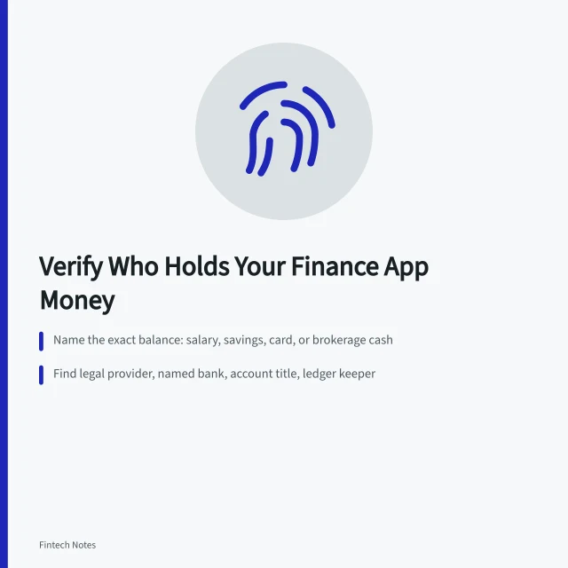 Card on verifying finance app money holders and protection. How to verify who holds and protects money in a finance app
