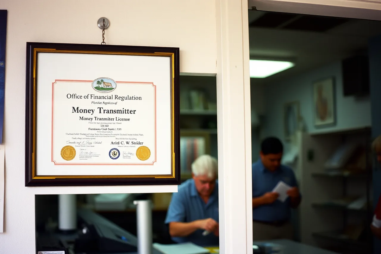 Framed Florida money transmitter license on a remittance storefront wall (3 Miami remittance and stablecoin rules for Latin America corridors)